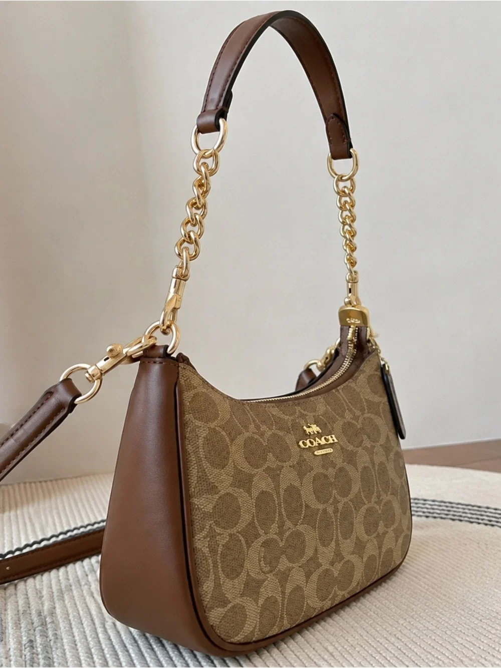 Coach Brown Signature Canvas Mini Shoulder Bag with Gold Hardware
